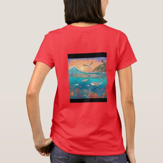 晴れ渡る海の底に海を沈める穏やかな夕日 Tシャツ (裏面)