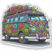 晴カラフルれた日に花びらをつけたバンが止まる シール (正面)