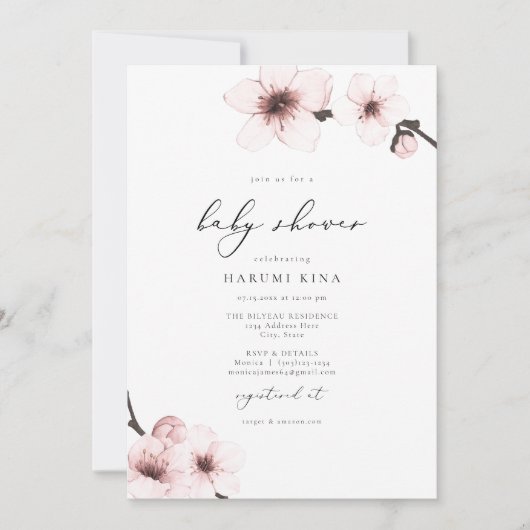 晴海エレガント桜さくらんぼ花ベビーシャワー 招待状 (正面)