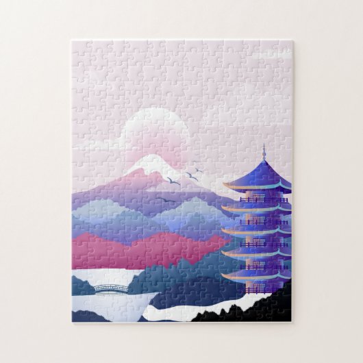 暁の平和な寺の風景 ジグソーパズル (縦)