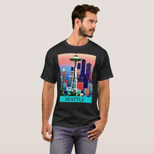 暁の空の下のシアトルの旅行ポスター Tシャツ (正面フル)