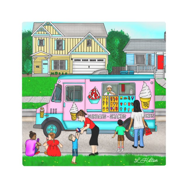 暑い夏の日 |お洒落イラストレーション メタルプリント (正面)