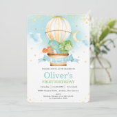 暑い風船かわいい恐竜の誕生日パーティーの男の子  招待状 (スタンド正面)