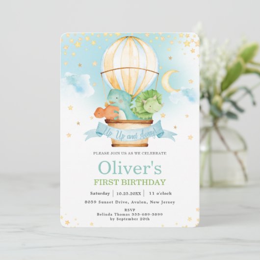 暑い風船かわいい恐竜の誕生日パーティーの男の子  招待状 (スタンド正面)