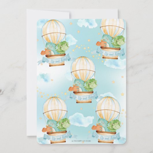 暑い風船かわいい恐竜の誕生日パーティーの男の子  招待状 (裏面)