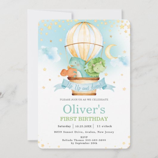 暑い風船かわいい恐竜の誕生日パーティーの男の子  招待状 (正面)