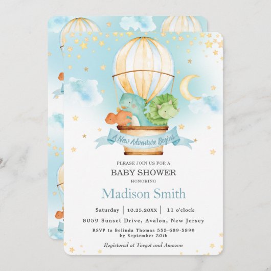 暑い風船とかわいい恐竜の男の子のベビーシャワー 招待状 (正面/裏面)