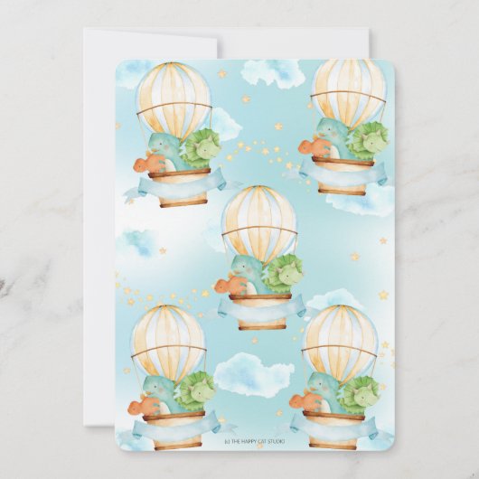 暑い風船とかわいい恐竜の男の子のベビーシャワー 招待状 (裏面)