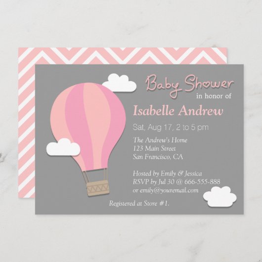 暑い風船、少女のベビーシャワーパーティー、灰色 招待状 (正面/裏面)