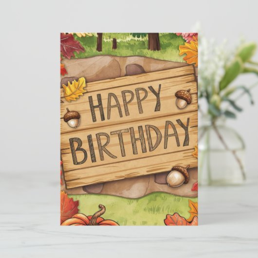 暖お洒落かい森の秋秋ハッピーバースデー カード (スタンド正面)