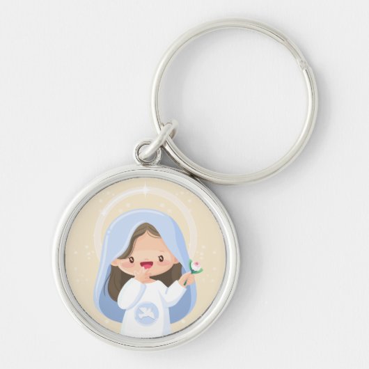 暖かいかわいいヴァージンメアリーホールディングフラワーベージュ キーホルダー (正面)