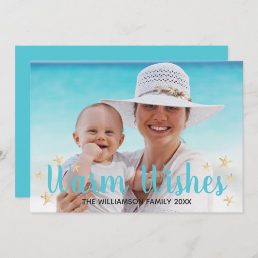 暖かいウィズブルービーチヒトデのクリスマスフォト シーズンカード (正面/裏面)