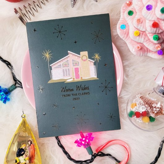 暖かいウィズミッドセンチュリーピンクハウスクリスマス 箔招待状