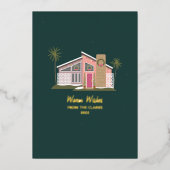 暖かいウィズミッドセンチュリーピンクハウスクリスマス 箔招待状 (正面)