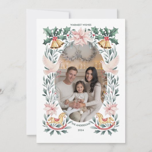 暖かいウィッシュボタニカルロッキングホースクリスマス シーズンカード (正面)