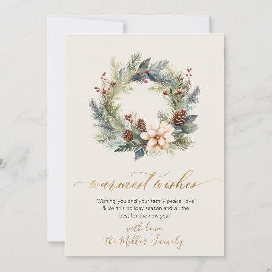 暖かいエレガントウィッシュ金ゴールドスクリプトリース緑 シーズンカード (正面)