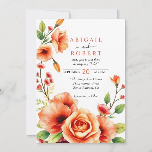 暖かいオレンジ色の花を持つフローラ結婚枠 招待状 (正面)