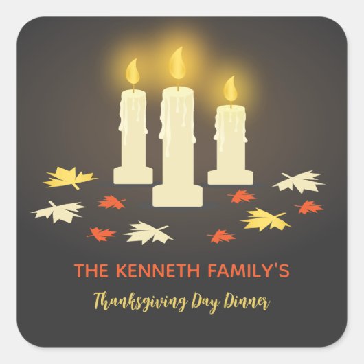 暖かいキャンドルカラフル葉の感謝祭のディナー スクエアシール (正面)