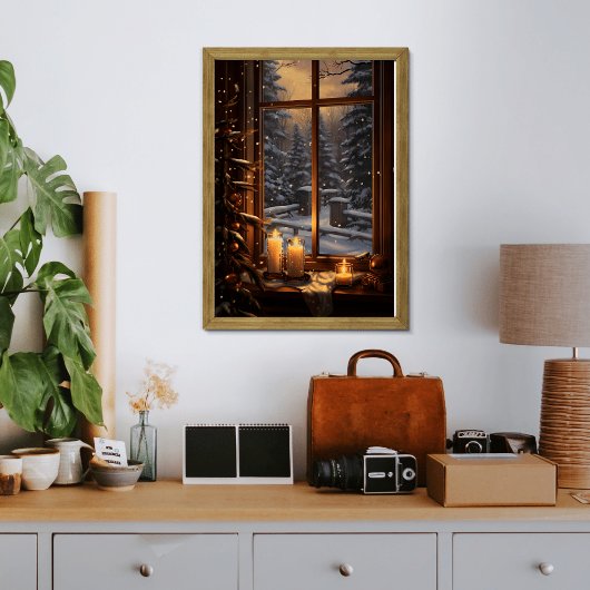 暖かいキャンドルライトの窓のポスター付きの冬の夕べ ポスター