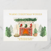 暖かいクリスマスウィズコージー暖炉金ゴールド 箔シーズンカード (正面)