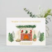 暖かいクリスマスウィズコージー暖炉金ゴールド 箔シーズンカード (立ち正面)