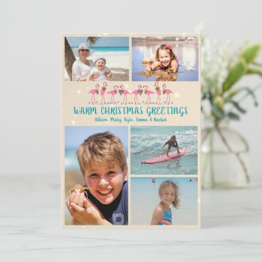 暖かいクリスマスグリーティングフラミンゴス写真コラージュ シーズンカード (スタンド正面)