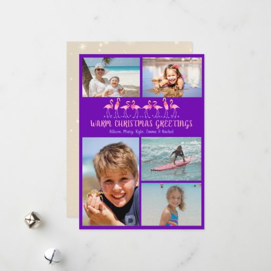 暖かいクリスマスグリーティングフラミンゴス写真コラージュ シーズンカード (正面/裏面インサイチュ)