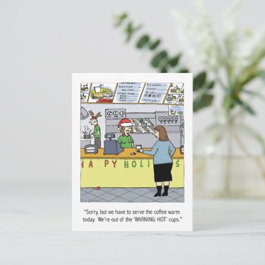 暖かいコーヒー休日のおもしろいな漫画のクリスマスのクリスマス シーズンポストカード (スタンド正面)