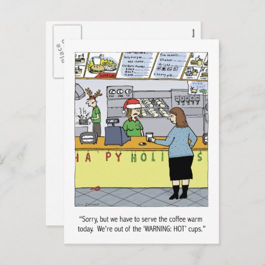 暖かいコーヒー休日のおもしろいな漫画のクリスマスのクリスマス シーズンポストカード (正面/裏面)