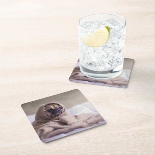 暖かいタオルの毛布に抱きしめたパグ子犬 スクエアペーパーコースター (インサイチュ)