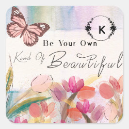 暖かいチューリップと蝶の引用文,カスタムモノグラム スクエアシール