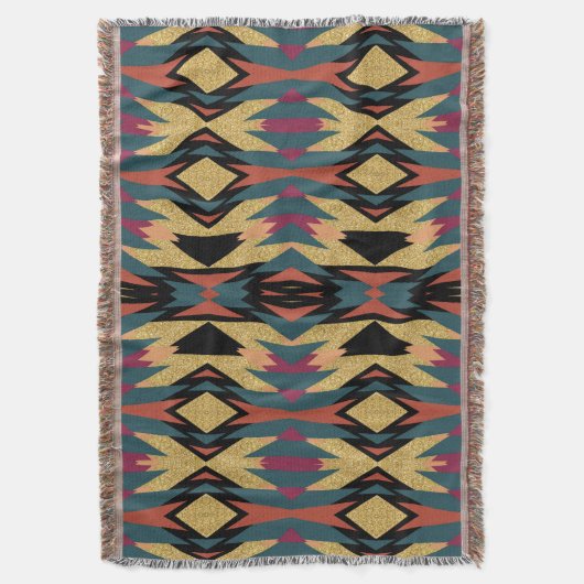 暖かいティール（緑がかった色）アースデアステカザート金ゴールドきらめく スローブランケット (正面縦)