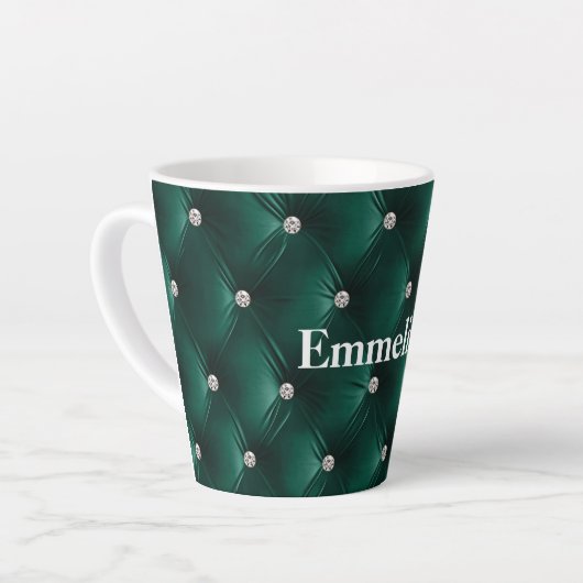 暖かいティール(緑がかった色)グリーンフェイクベルベット カフェラテマグ (左アングル)