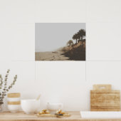 暖かいトーンの霧のビーチとヤシの木 ポスター (キッチン)