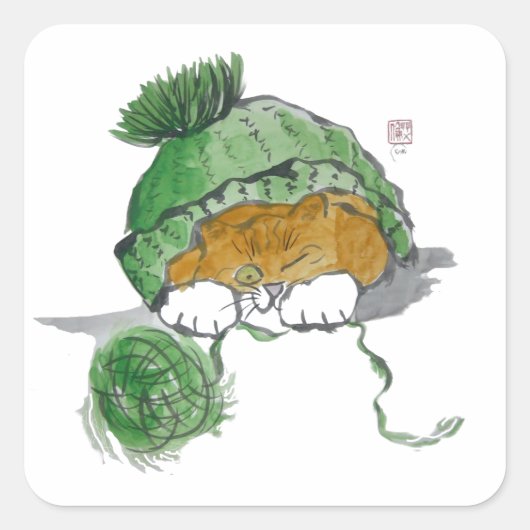 暖かいニットキャップと子猫 スクエアシール (正面)