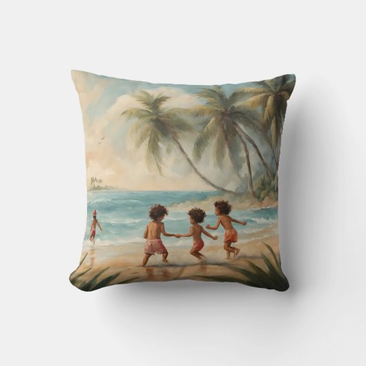 暖かいビーチシーン絵を描の子 クッション (正面)