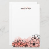 暖かいピンクの水カラーフローララインアート名モノグラム 便箋 (正面/裏面)