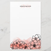 暖かいピンクの水カラーフローララインアート名モノグラム 便箋 (正面)