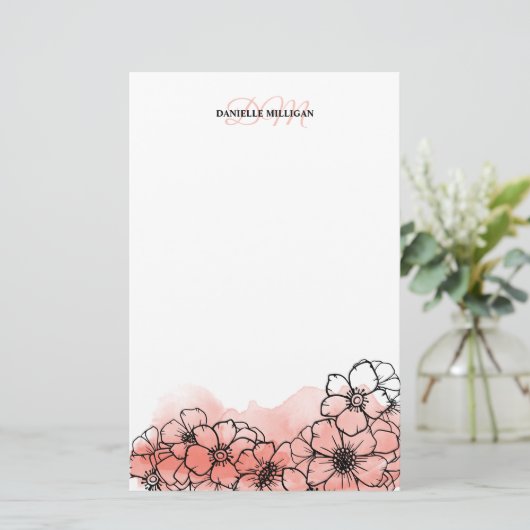 暖かいピンクの水カラーフローララインアート名モノグラム 便箋 (スタンド正面)