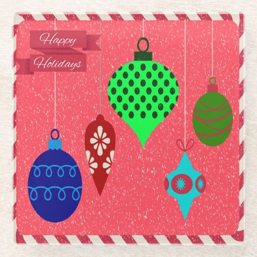 暖かいホリデーグリーティングレッドバックグラウンドスノーフレーク ガラスコースター (正面)