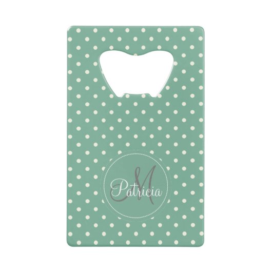 暖かいミントグリーンと白いドットのTouchを追加する クレジットカード栓抜き (正面)