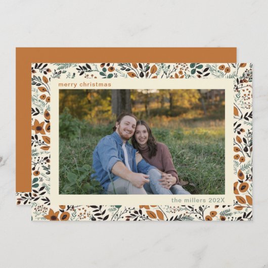 暖かいモダンフローラファミリーフォトクリスマスカード シーズンカード (正面/裏面)