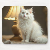 暖かいランプの明かりの中に座っている白猫 マウスパッド (正面)