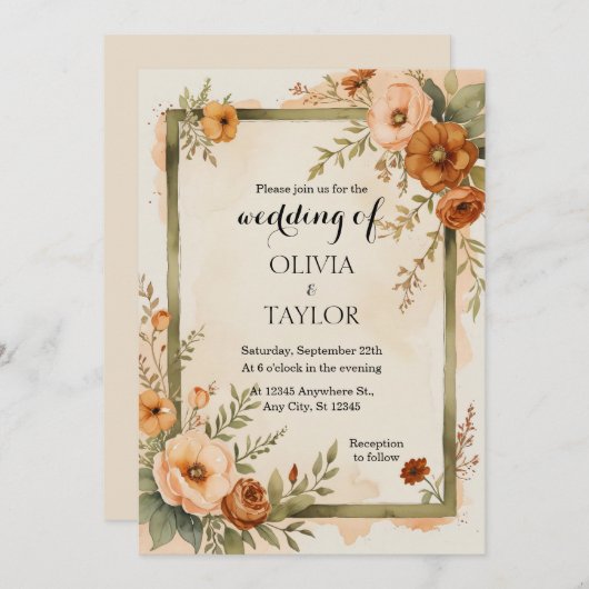 暖かいヴィンテージ素朴エレガンスフローラ結婚ズ 招待状 (正面/裏面)
