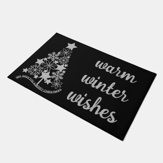 暖かい冬がクリスマスツリーの黒いドームを願う ドアマット (アングル)