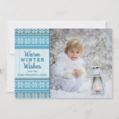 暖かい冬のウィズスノーフレークのセーター写真ブルー シーズンカード (正面)