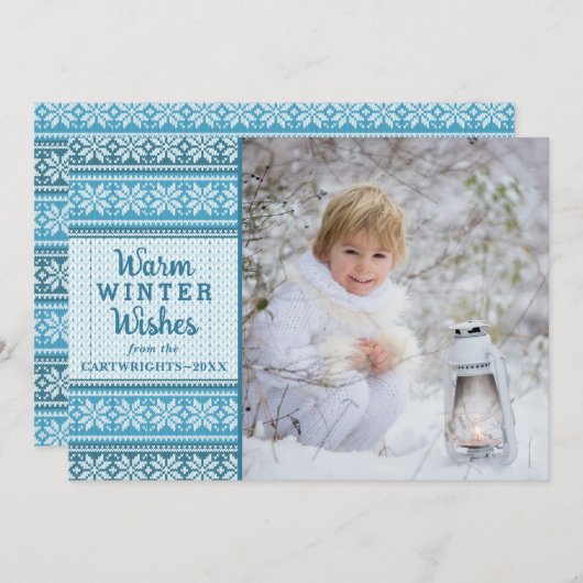 暖かい冬のウィズスノーフレークのセーター写真ブルー シーズンカード (正面/裏面)