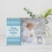 暖かい冬のウィズスノーフレークのセーター写真ブルー シーズンカード (スタンド正面)