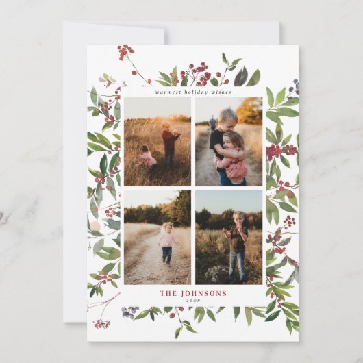 暖かい冬のベリーボタニカル4フォトホリデーカード シーズンカード (正面)