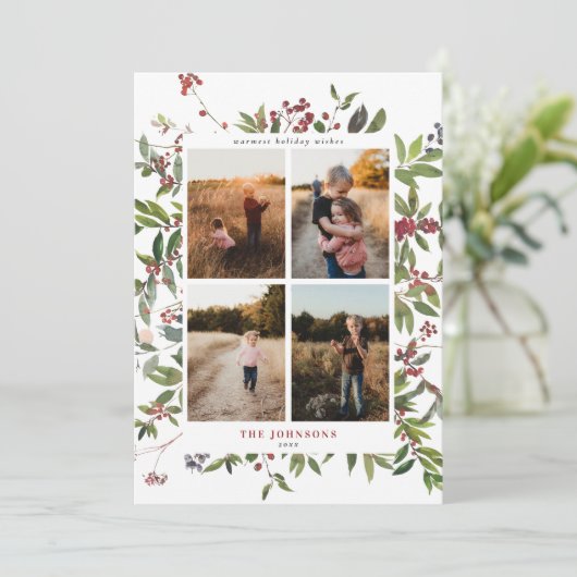 暖かい冬のベリーボタニカル4フォトホリデーカード シーズンカード (スタンド正面)